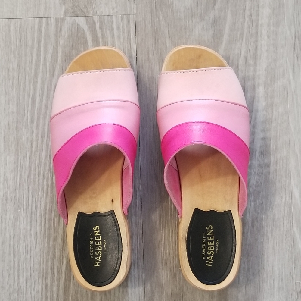 Swedish Hasbeens size 36, I wear a size 6.5, tricolor pink.